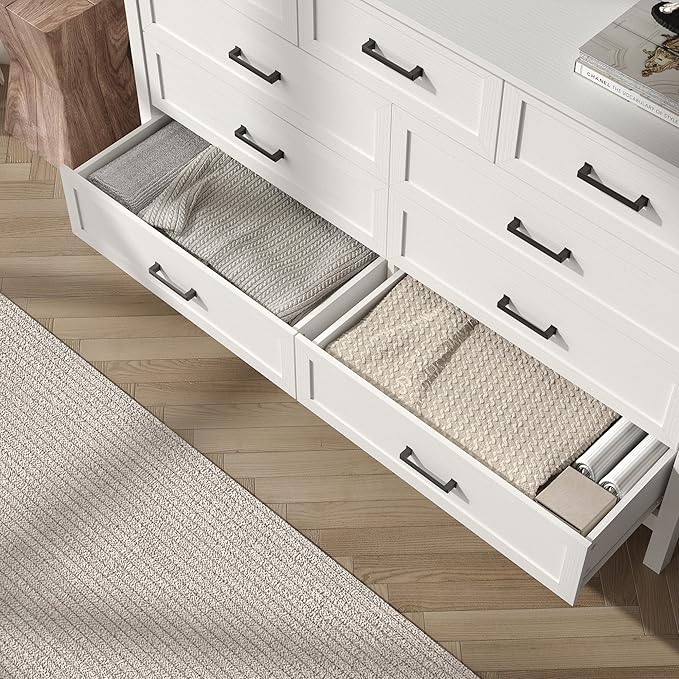 Farmhouse 9 Drawers Dresser for Bedroom, 37 Inch Tall Wood Rustic Wide Chest with Natural Texture, Large Dressers for Bedroom, Hallway, Entryway, White