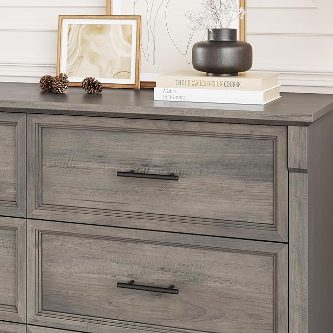 GAOMON Grey 6 Drawer Dresser for Bedroom, Farmhouse 47.2" Wide Chest of Drawers with Metal Handles, Rustic Double Wood Dresser, Storage Dressers Organizer for Living Room, Nursery