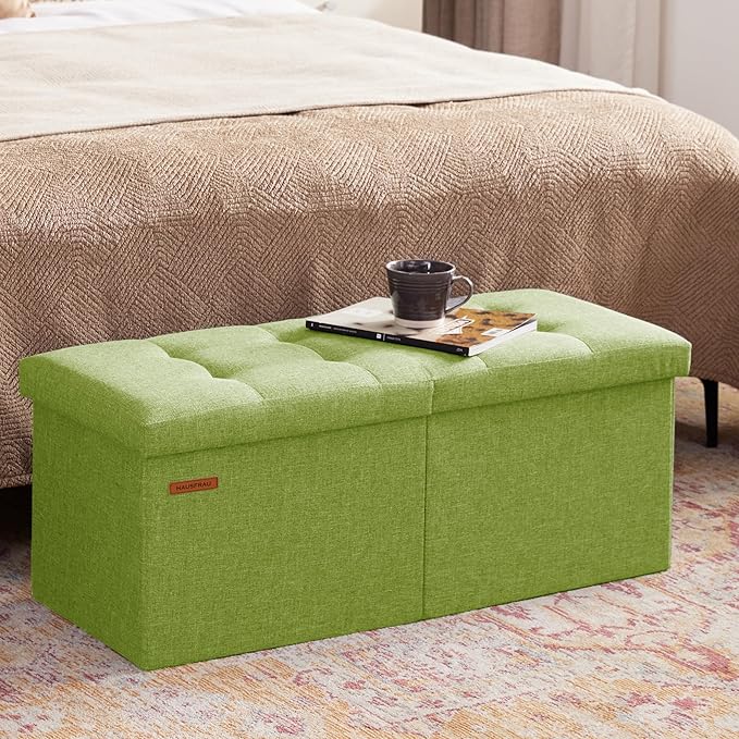 HAUSFRAU 31.5 Inches Ottoman with Storage Bench, Folding Ottoman Bench Small Foot Rest Stool, Bedroom Bench with Flipping Lid, Linen Avocado