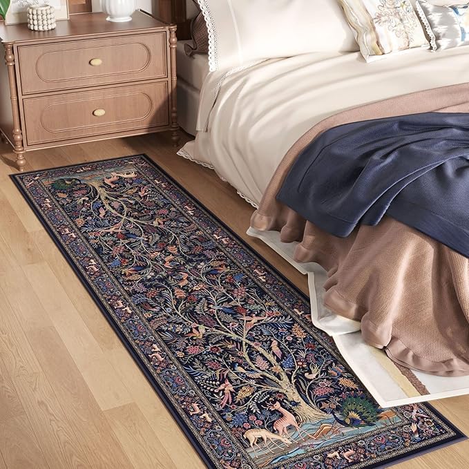 Runner Rug 2x6 Vibrant Tree of Life-Patterned Vintage Kitchen Rugs Non Slip Washable Soft Carpet Runner for Laundry Bedroom Bathroom, Blue