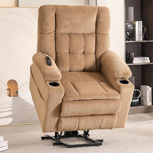 SALOHZA Power Lift Recliner Chair for Elderly with Massage and Heat for Living Room, Electric Recliner Chair for Adults with USB/Type C Port/Cup Holders, Velvet Fabric, Beige