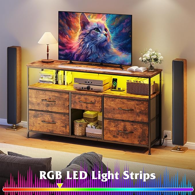 TV Stand Dresser with LED Lights & Power Outlets, Entertainment Center for 50" Inch TV, 5 Drawers TV Stand for Bedroom Dresser with Shelves for Living Room, Sturdy Metal Frame, Rustic Brown