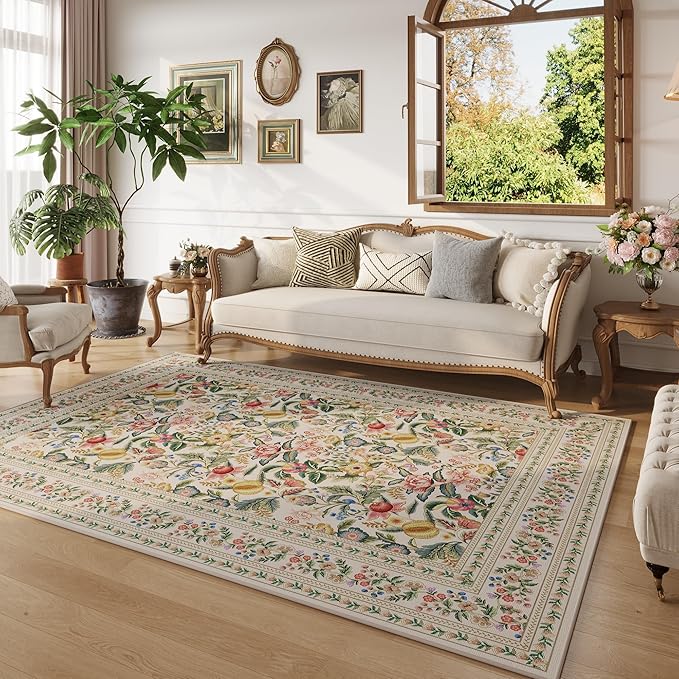 Bedroom Rug 3x5 Rug Washable Area Rug Non Slip Low Pile Vintage Floral Small Carpet for Bedroom, Bedside, Kitchen, Entryway, Kids Room, Office, Beige