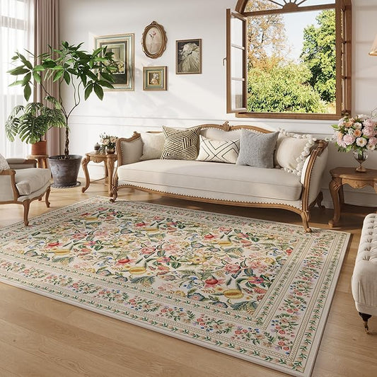 Area Rug 4x6 Rug Washable Vintage Floral Rugs Non Slip Low Pile Small Carpet for Bedroom, Bedside, Kids Room, Office, Dining Room, Beige
