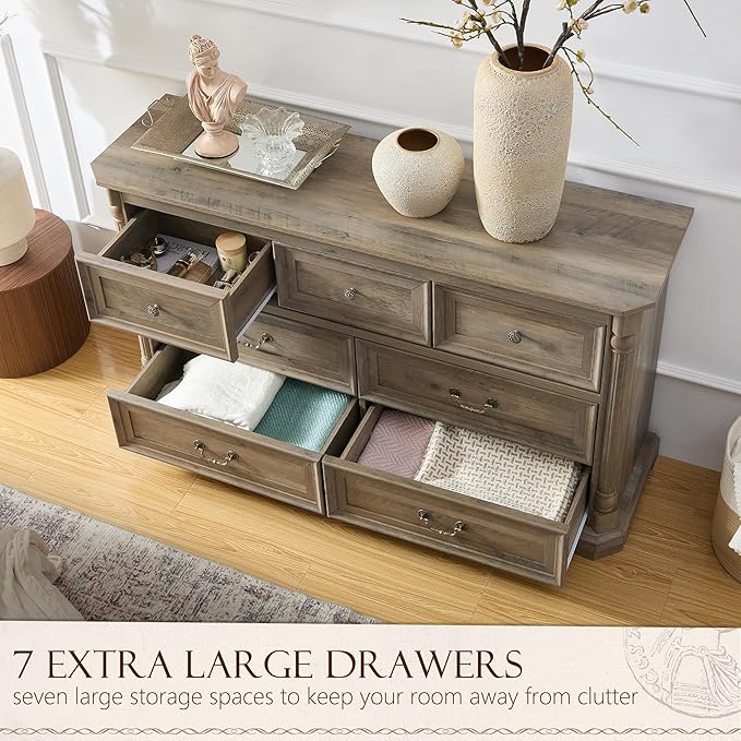 Yechen Rustic 7-Drawer Solid Wood Dresser for Bedroom & Living Room – Vintage Storage Cabinet with Decorative Hardware, Sturdy Construction & Versatile Organizing Solutions (Light Rustic Oak)