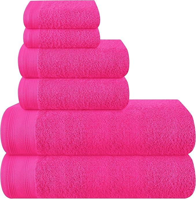 Ultra Soft 6 Pack Cotton Towel Set, Contains 2 Bath Towels 28x55 inch, 2 Hand Towels 16x24 inch & 2 Wash Coths 12x12 inch, Ideal Everyday use, Compact & Lightweight - Hot Pink