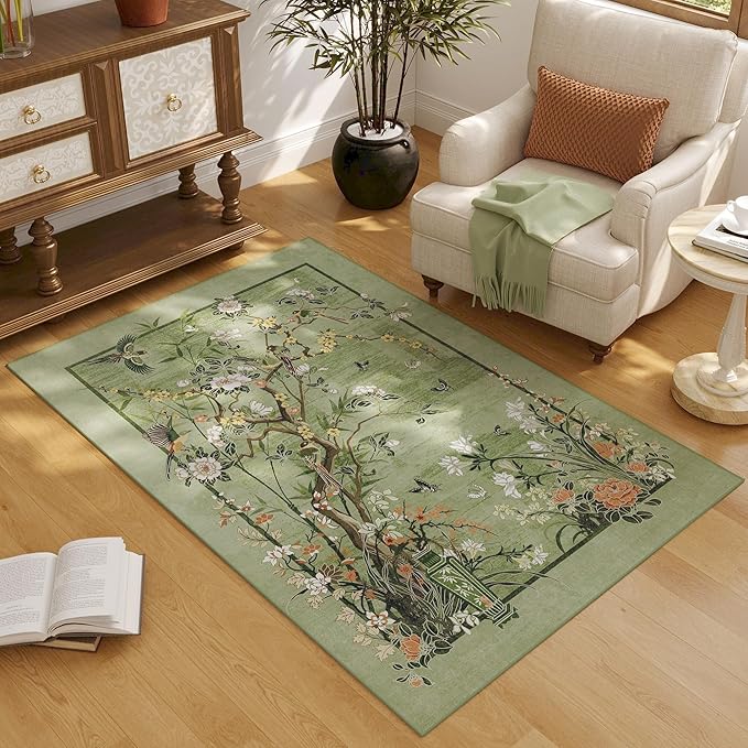 3x5 Washable Rug Chinoiserie-Style Floral Vintage Area Rug Non Slip Low Pile Small Carpet for Bedroom, Bedside, Kitchen, Entryway, Kids Room, Office, Green