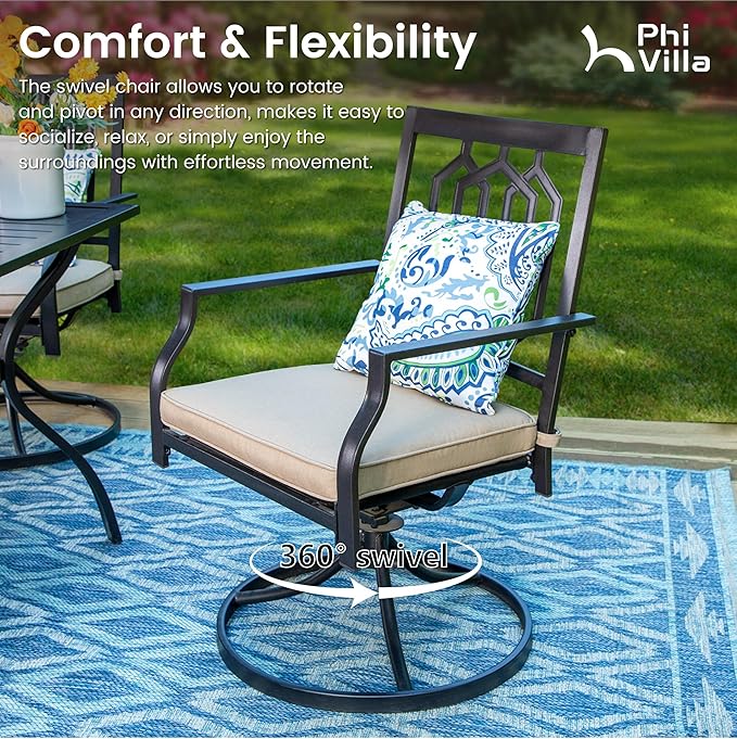 PHI VILLA 5 Pieces Outdoor Dining Set for 4, Round Metal Wrought Iron Table with Umbrella Hole & Swivel Metal Steel Chairs with Cushions, Large Modern Furniture for Patio, Deck, Backyard, Porch