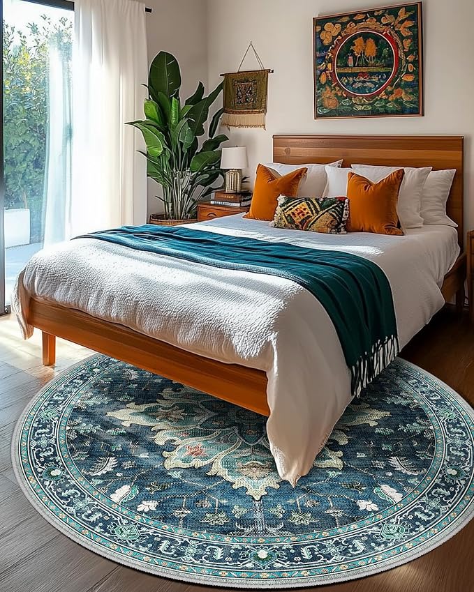 Area Rugs 6ft Washable Non-Slip, Floral Vintage Distress Print Pattern Medallion Carpet for Living Room Bedroom Dining Room, Teal Green Lake Blue Turquoise