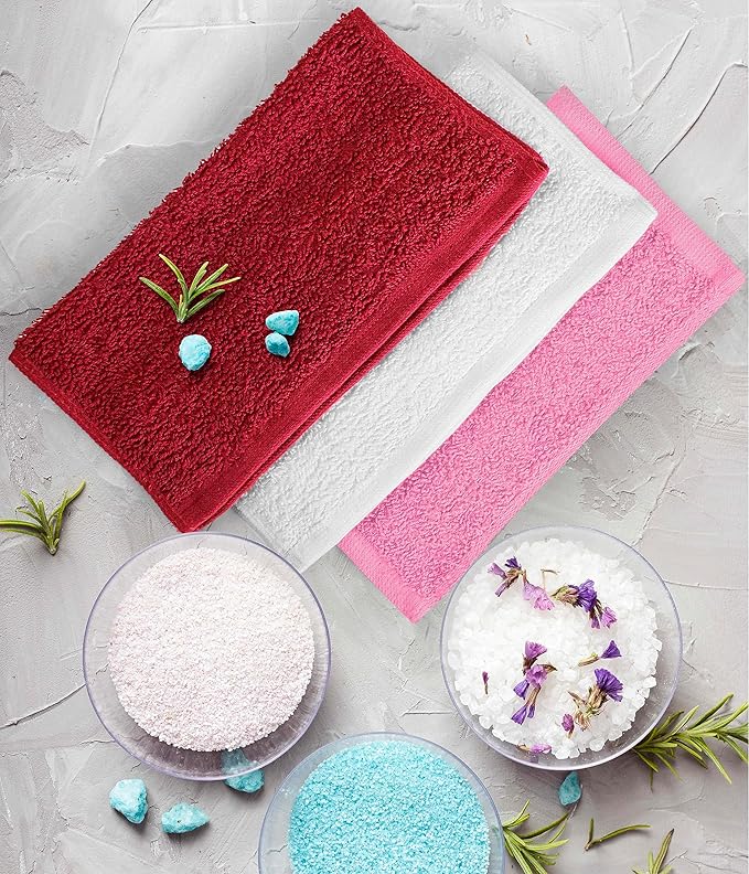 Towel and Linen Mart 100% Cotton - Wash Cloth Set - Flannel Face Cloths, Highly Absorbent and Soft Feel Fingertip Towels (Red, White & Pink, Pack of 12)