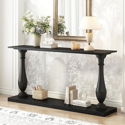 63 Inch Console Table with 2 Vase-Leg, Vintage Wood Grain Sofa Table Behind Couch, Narrow Entryway Accent Table for Living Room, Entrance, Hallway, Foyer, Bedroom, Apartments, Black