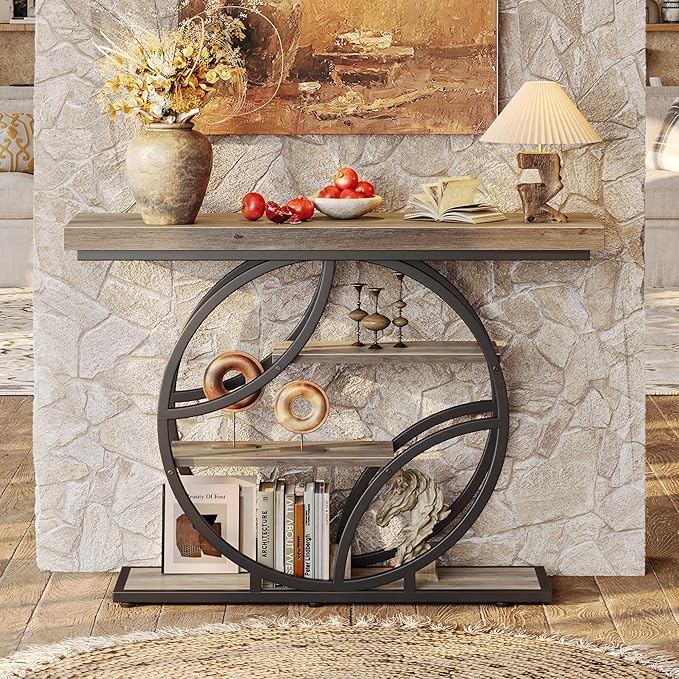 Huuger 41.3 Inch Entryway Table, Modern Console Sofa Table, Accent Table with Shelves, for Entry, Hallway, Entrance, Foyer, O-Shaped Metal Frame, Grey