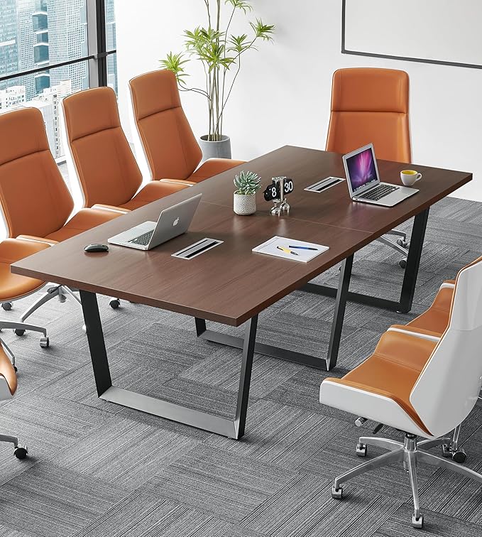 Sturdy Conference Table with Cable Management Grommets Modern Rectangle Office Meeting Table with Wood Tabletop and Metal Frame & Legs- Easy Assembly Boardroom Table (Mahogany, 8 Foot)