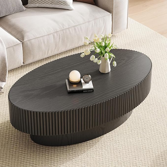 Oval Wood Coffee Table, Modern Fluted Coffee Table for Living Room, Veneer Handcrafted Relief 43.7" Olive-Shaped Tea Table with Sturdy Pedestal，Easy Assembly - Black
