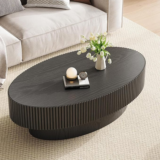 Oval Wood Coffee Table, Modern Fluted Coffee Table for Living Room, Veneer Handcrafted Relief 43.7" Olive-Shaped Tea Table with Sturdy Pedestal，Easy Assembly - Black
