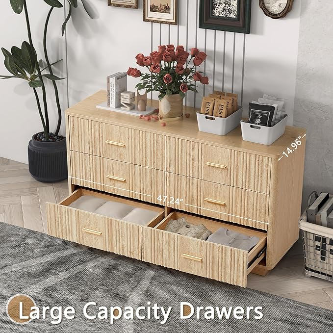 Fluted Double Dresser for Bedroom with 6 Drawers,47" Wide Modern Chest of Drawers,Curved Profile Wood Storage Dressers TV Stand,Wooden Closet Clothes Storage Organizer for Living Room Hallway, Natural