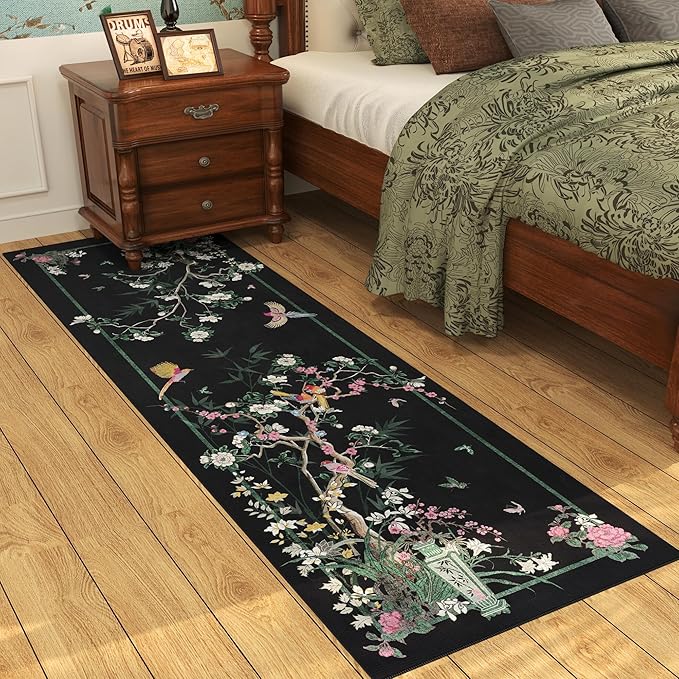 Runner Rug Chinoiserie-Style Floral Vintage Kitchen Rugs Non Slip Washable with Rubber Backing Soft Carpet for Laundry, Bedroom, Bathroom, Black