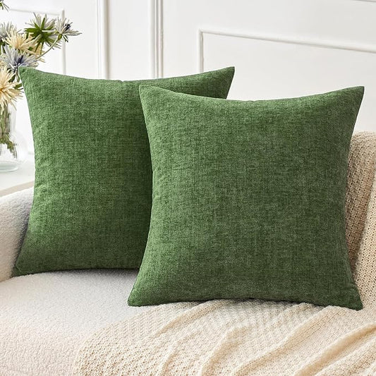 MIULEE Pack of 2 Couch Throw Pillow Covers 20x20Inch Soft Moss Green Spring Chenille Pillow Covers for Sofa Living Room Solid Dyed Pillow Cases