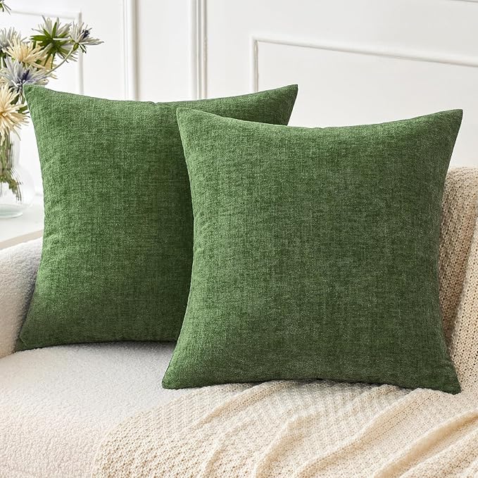 MIULEE Pack of 2 Couch Throw Pillow Covers 18x18Inch Soft Moss Green Spring Chenille Pillow Covers for Sofa Living Room Solid Dyed Pillow Cases