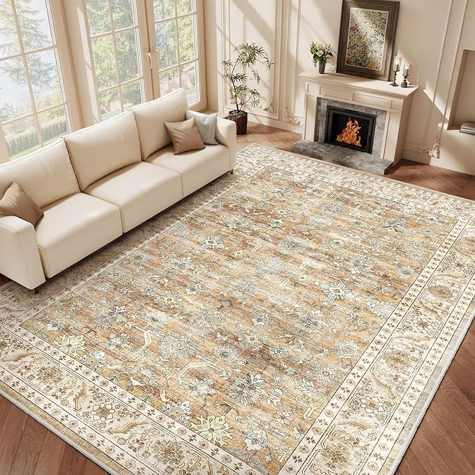 HOMFINE Machine Washable Rug 10'x14' - Vintage Design Area Rugs with Non Slip Rugs for Living Room Bedroom Floral Print Rug Carpet Stain Resistant, Home Decor Office Area Rug, Beige Brown