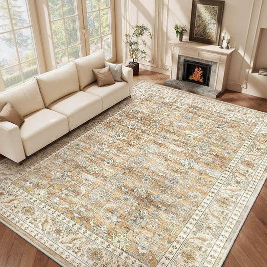HOMFINE Machine Washable Rug 10'x14' - Vintage Design Area Rugs with Non Slip Rugs for Living Room Bedroom Floral Print Rug Carpet Stain Resistant, Home Decor Office Area Rug, Beige Brown