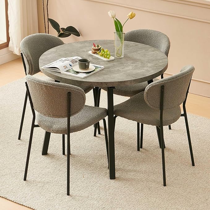 5-Pieces Kitchen Dining Table Set for 4, Grey Round Table MDF with 4 Metal Hooks for Hanging, Modern Dining Table Set with 4 Seated Grey Boucle Dining Chairs for Living Room, Apartment