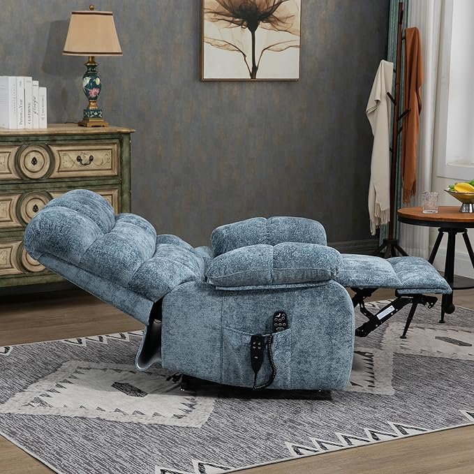 Lay Flat Recliner with Vibration Massage and Lumbar Heating, 26'' Wide Chair with Infinite Position and 2 Remote Controls, Soft Chenille Lift for Living Room, Grayish Blue