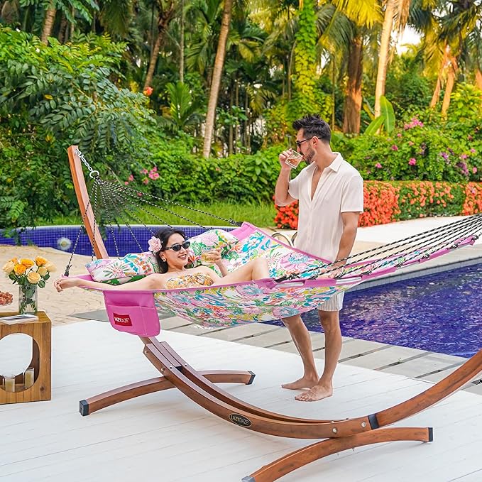 Lazy Daze Hammocks 12 FT Quilted Fabric Hammock with Curved Aluminium Spreader Bar, Outside Double Thickened Hammock with Soft Pillow, Side Pocket 450 Lbs Capacity for Patio, Poolside, Floral