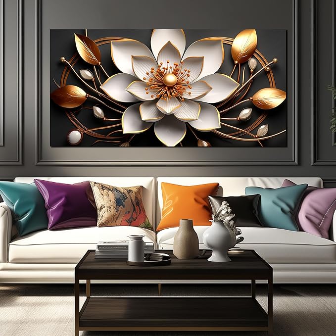 Large Artwork Canvas Wall Art for Living Room Office Room Bedroom Decor Wall Painting White and Gold Flowers Picture Modern Decorative Painting with Frame Ready to Hang Canvas Decor Size 30x60