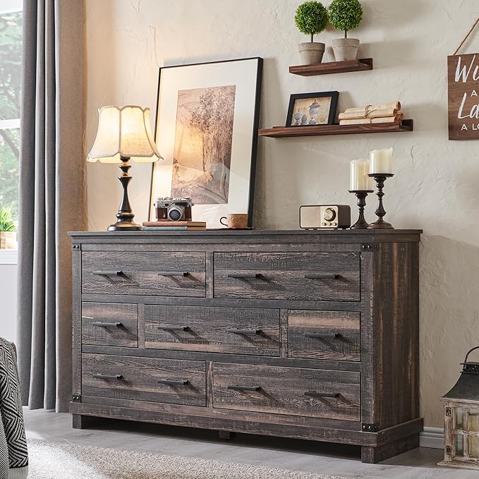 Farmhouse 7 Drawers Dresser for Bedroom, Wood Large Chest of Drawers with Thick Plank Styling, Rustic Closet Dresser for Bedroom, Living Room, Dark Rustic Oak