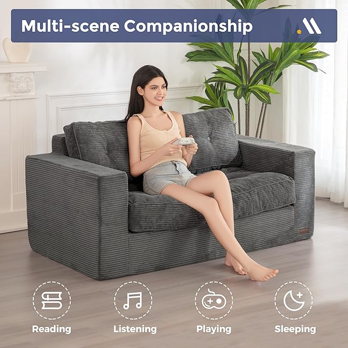 MAXYOYO Bean Bag Chair for Adults, Upholstered Floor Sofa with Armrests, Loveseat Boneless Couch with Tufted Cushion & Backrest, Sofa in A Box, Large Bean Bag Couch for Bedroom Living Room, Dark Grey