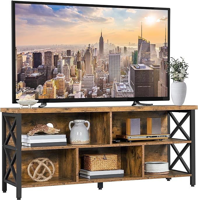 Yaheetech TV Stand for Living Room, Industrial Entertainment Center for 65 Inch TV, Rustic TV Console Stand with Storage Cabinets Wood and Metal, Rustic Brown