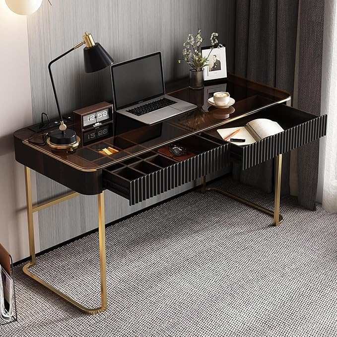 Lartis Modern Office Desk with Drawers,Glass Top Makeup Vanity Without Mirror Built-in USB Outlet Dressing Table Home Office Desk with Intelligent Socket,Very Easy to Assemble