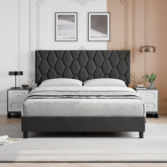 GAOMON Grey Queen Bed Frame with Upholstered Headboard, Heavy-Duty Platform Bed Frame with Strong Wood Slats, No Box Spring Needed/Easy Assembly/Noise Free