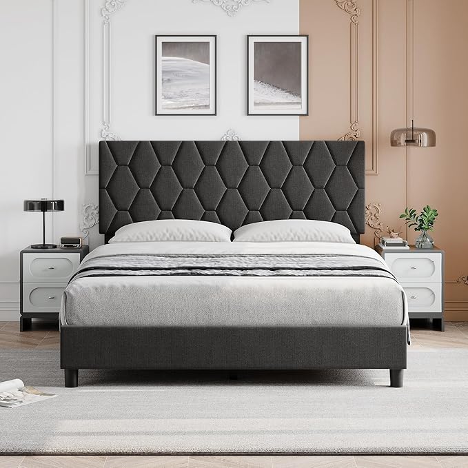 GAOMON Grey Queen Bed Frame with Upholstered Headboard, Heavy-Duty Platform Bed Frame with Strong Wood Slats, No Box Spring Needed/Easy Assembly/Noise Free