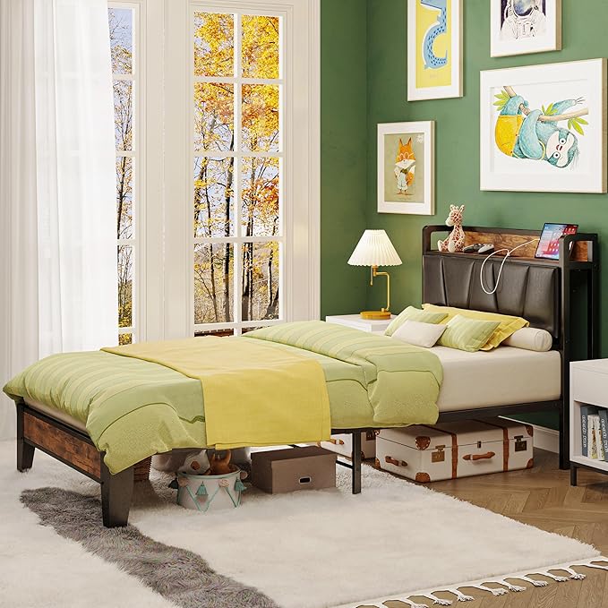 LIKIMIO Twin XL Bed Frames, Storage Headboard with Charging Station, Solid and Stable, Noise Free, No Box Spring Needed, Easy Assembly (Vintage and Black)