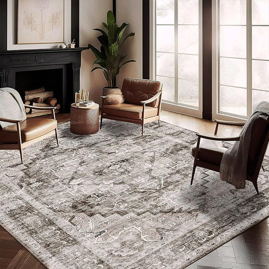 Washable Area Rug 10'x14' Deep Khaki Retro Flowers Boho Design Non-Shedding Easy Care Ideal for High Traffic Areas in Living Room Bedroom Office Coffee Table Kitchen Large Carpet