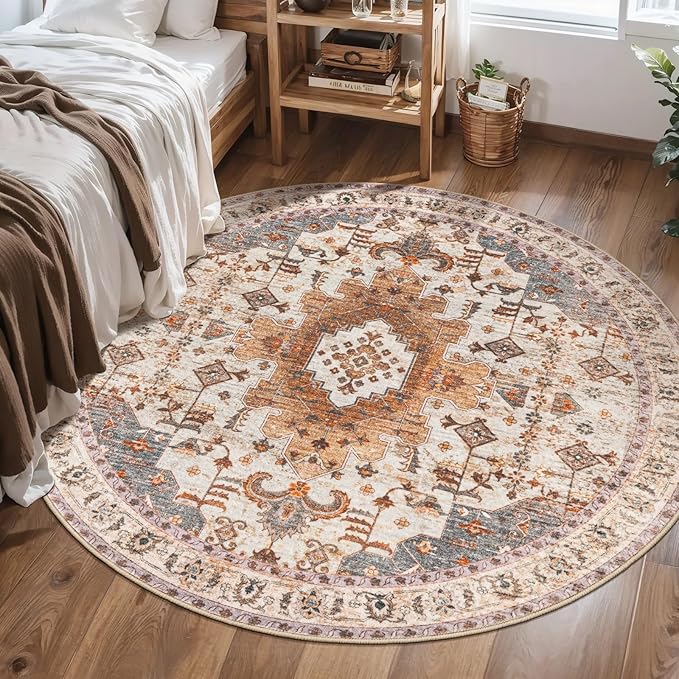 Tangsoo Vintage Round Rug 4ft, Washable Circle Rug, Non Slip Small Boho Round Rug, Low Pile Circular Rugs, Round Carpet for Bedroom,Entryway,Nursery,Dorm,Kitchen,Turmeric