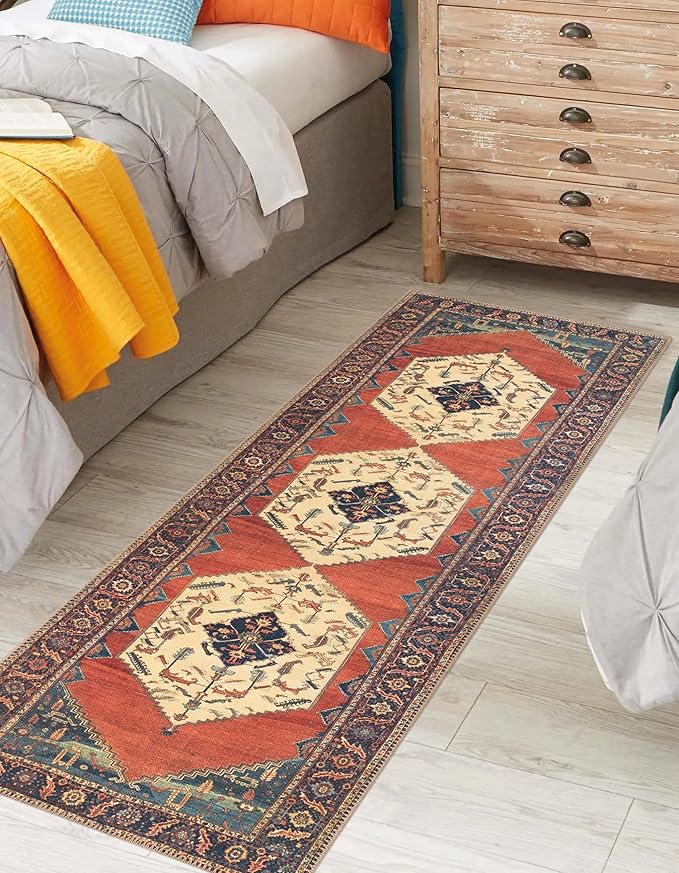 Keen Home Design 2x12 Rug - Machine Washable Runner with Non-Slip Backing, Ideal for Hallway, Entryway, Kitchen, Laundry Room - Vintage, Easy Clean, Durable, Low Pile Rug - (2'6" x 12')