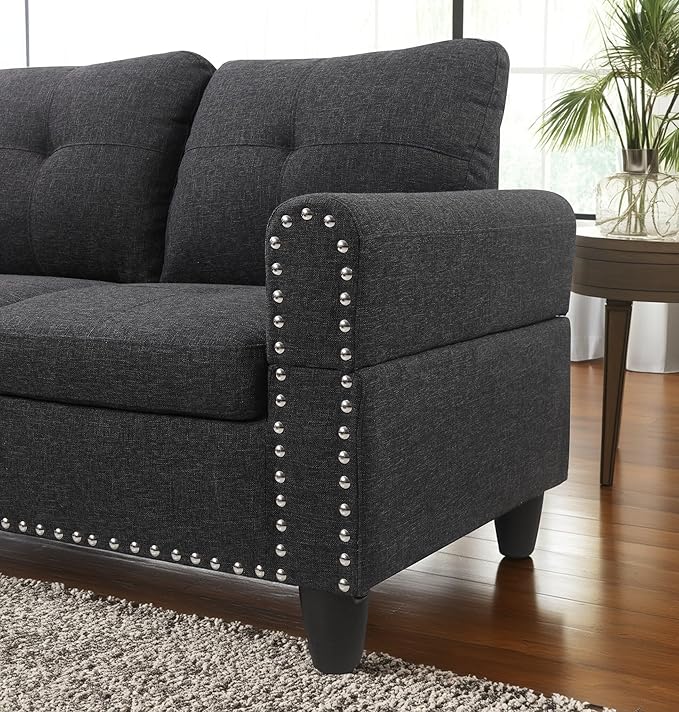 98 Inch L Shaped Sectional Sofa with Chaise Lounge, Storage Ottoman and 2 Pillows, 4-Seaters Linen Upholstered Tufted Couch w/Cupholder & Nailhead Trim for Living Room, Office, Charcoal Grey