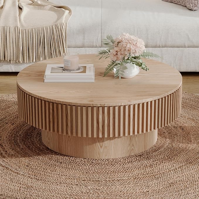 Round Coffee Table for Living Room, Accent Fluted Drum Coffee Table with Storage, Modern Solid Wood Veneered Circle Center Tea Table for Small Space Apartment (31.5''D×14''H-Natural)