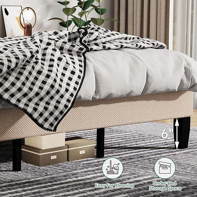 King Size Bed Frame with Headboard,Fabric Upholstered Platform Bed Frame with Wooden Slats Support,No Box Spring Needed/Non-Slip Without Noise/Easy Assembly, Beige