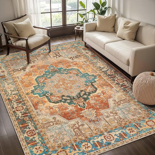 Tangsoo 4x6 Washable Rug Vintage Non Slip Indoor, Distressed Carpet for Living Room, Dining Room, Soft Low Pile Rugs Foldable Floor for Bedroom Dorm Bedside Bathroom Rusty Orange