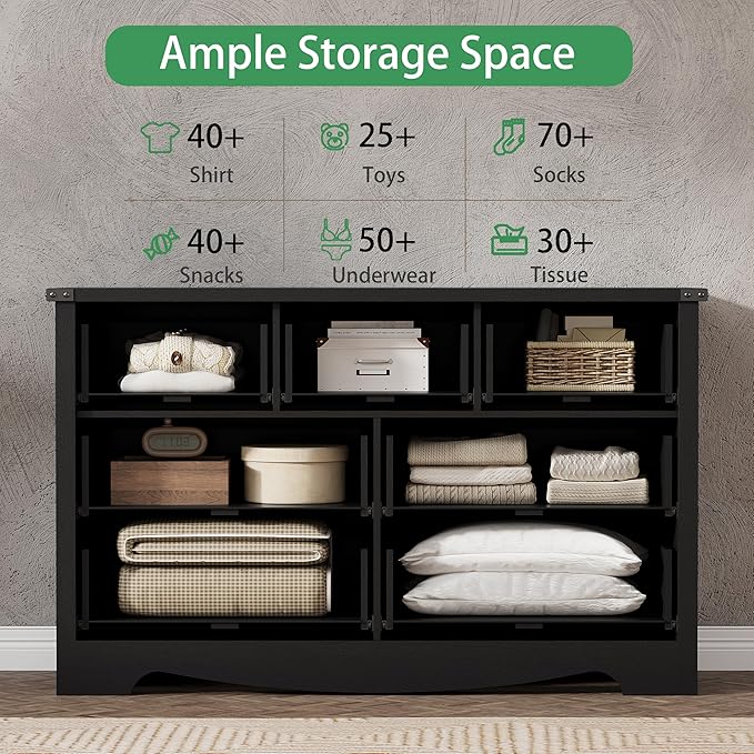 Dresser for Bedroom with 7 Drawers, 48" Wide Wood Chest of Drawers with Deep Drawers & Mental Handle, Modern Dresser TV Stand, Wooden Closet Storage Organizer for Living Room, Hallway, Entryway, Black