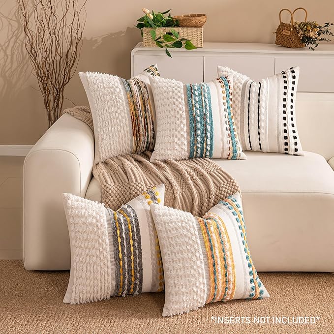 KOOLIFE Boho Chenille Tufted Couch Throw Pillow Covers 18x18 Inch Set of 2 Farmhouse Striped Decorative Pillow Covers Accent Neutral Pillowcase Grey Yellow Cushion Cover for Living Room Sofa Bed