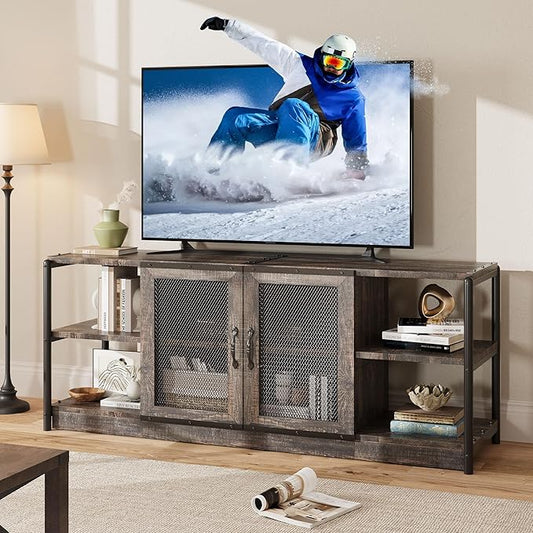CABIHOME Farmhouse TV Stand for 65/75 inches TVs, Entertainment Center with Storage Cabinet and Mesh Doors, Industrial Media Console Cabinet Table, Living Room Media Furniture, Oak