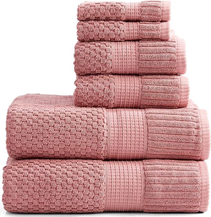 NY Loft 100% Cotton Towel Set 6 Piece | Super Soft & Absorbent Quick-Dry 2 Bath Towels 2 Hand Towels & 2 Washcloths | Textured and Durable Cotton | Premium Thick Towels | (6 Piece Set, Rose)