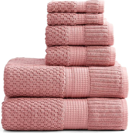 NY Loft 100% Cotton Towel Set 6 Piece | Super Soft & Absorbent Quick-Dry 2 Bath Towels 2 Hand Towels & 2 Washcloths | Textured and Durable Cotton | Premium Thick Towels | (6 Piece Set, Rose)