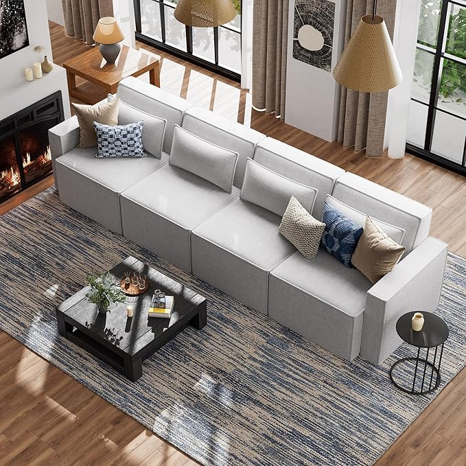 ELUCHANG 120" Modular Sectional Sofa Couch, 4 Seater Large Sectional Couches for Living Room, Modern Linen Fabric Oversized Couch, Comfy Deep Seat Home Sofas Set, Light Grey