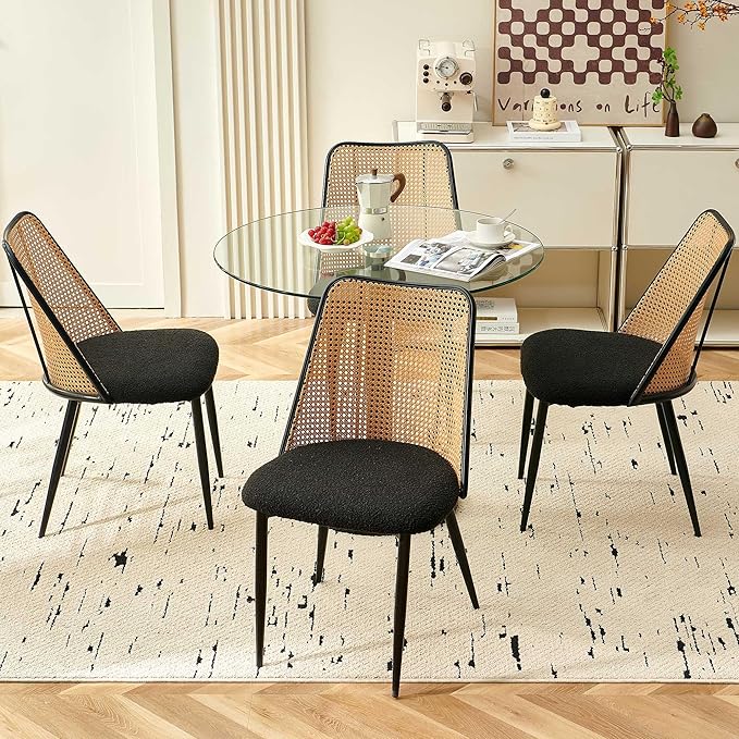 Modern Rattan Dining Chairs Black Set of 4, Upholstered Dining Room Chairs Boucle Woven Cane Kitchen Dining Accent Chairs for Reception Rooms, Restaurant